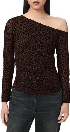 AllSaints Mimi Off the Shoulder Leopard Print Top in Brown at Nordstrom, Size X-Small