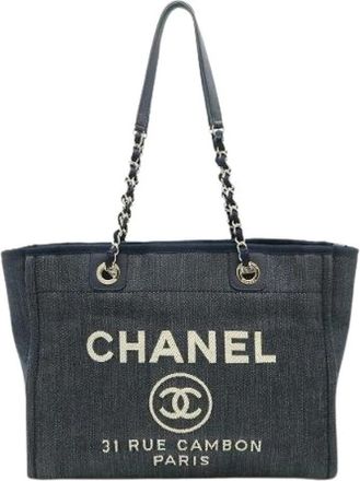 Chanel Pre-owned Denim Leather Deauville Tote Bag - Dames - Vintage Shopper - Blauw - ONE Size - Denim - Vintage
