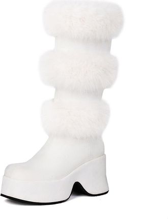 Generic Womens Wedge High Heel Platform Boots Round Toe Faux Suede Long Boots Pull on Winter Casual Boot,White,4.5 UK