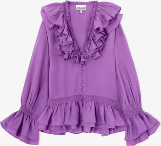 Ganni Bright Violet Blouse in Viscose Silk - Size 34