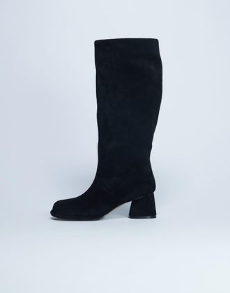 Topshop Thea - Stivali al ginocchio neri in camoscio con tacco alto largo-Nero