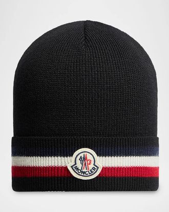 Moncler Men & apos;s Stripe Logo Emblem Wool-Knit Beanie Hat