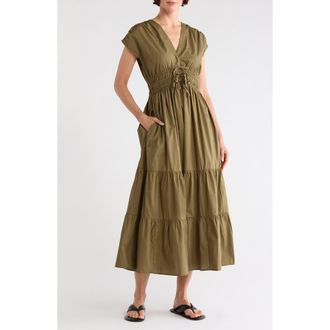 CeCe by Cynthia Steffe V-Neck Cotton Midi Dress in Olive Green at Nordstrom Rack, Size X-Large
