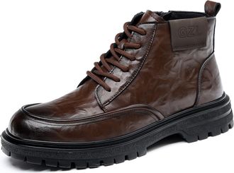 Generic Mens Flat Heel Short Boots Lace Up Office Work Shoes with Side Zipper Round Toe PU Leather Ankle Boot,Brown,7.5 UK