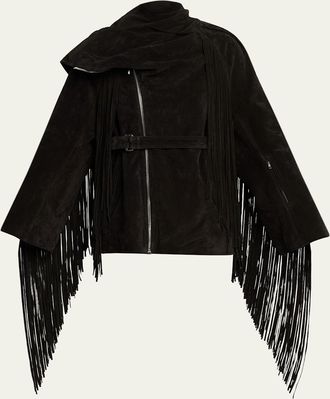 DRKSHDW RICK OWENS Scarf-Neck Fringe Suede Moto Jaket