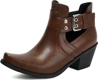 Generic Womens Fashion Buckle Cutout Chelsea Square Toe Chunky Heels Ankle Boots Slip On Comfort Casual Vintage Shoes (7.5,Brown)