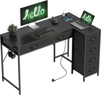 OEM Scrivania Angolare A 6 Cassetti Con Gancio Laterale E Prese Integrate, In Legno E Acciaio, 126x48x80 Cm, Nero
