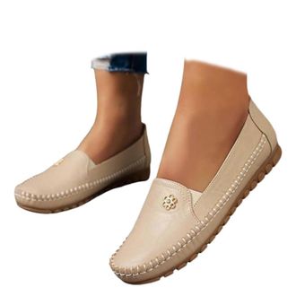 Generic Stylish Orthopedic Leather Shoes - All-Day Comfort for Women Slip On Casual Flats, Breathable Anti-Slip Comfort Shoes with Flower (Khaki,4.5)