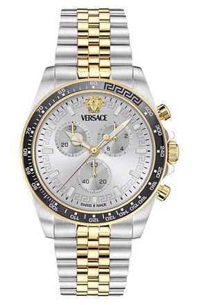 Versace Greca Chronograph Wave Two-Tone Bracelet Watch, 43mm in Two Tone Silver at Nordstrom