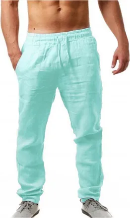 Generic Mens Lightweight Linen Yoga Pants - Elastic Waist Loose Fit Casual Summer Pants, Breathable Stretch Wide Leg Trousers for Yoga, Lounge & Outdoor (Turq