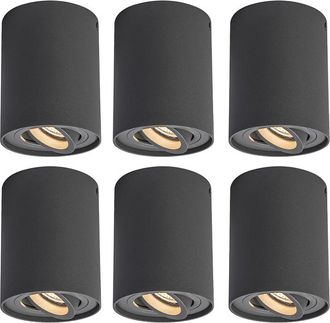 QAZQA Moderno Set De 6 Focos Gris Oscuro Giratorios E Inclinables - Rondoo Up Aluminio Cil&iacute;ndra Adecuado Para Led Max. 1 X 50 Watt - Qazqa