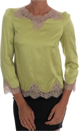 Dolce & Gabbana Groene Zijden Bloemenkant Blouse - Dames - Blouses - Groen - XS - Katoen - Overhemden