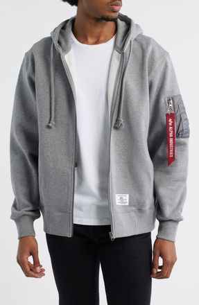 Alpha Industries Utility Pocket Cotton Fleece Zip Hoodie in Medium Charcoal Heather at Nordstrom, Size Xx-Large