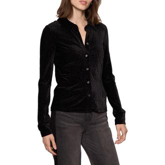 Sanctuary Fitted Textured Stripe Velvet Button-Up Shirt in Black at Nordstrom Rack, Size Xx-Large P