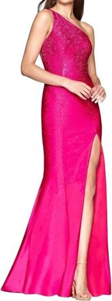 Faviana One Shoulder Rhinestone Gown In Hot Pink