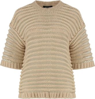 Fabiana Filippi Lurex Wollen Trui met Geribbelde Randen - Dames - Ronde hals truien - Beige - XS - Wol - Truien & Vesten