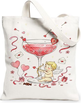 Generic ValentineS Day Love God Canvas Tote Bags, Romantic Heart Motif Reusable Shopping Bags, Lightweight Washable Stylish Should, White, 13x15 Inch