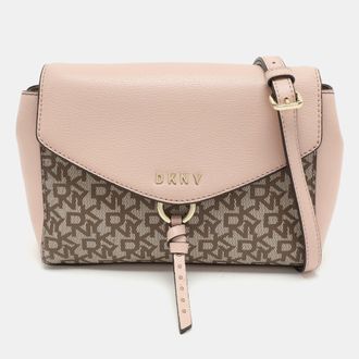 DKNY Dkny Beige/pink Signature Coated Canvas And Leather Shoulder Bag