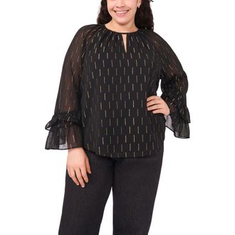 CeCe by Cynthia Steffe Metallic Clip Dot Tiered Sleeve Top in Rich Black at Nordstrom Rack, Size 2X