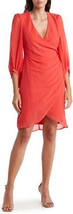 Julia Jordan Swiss Dot Balloon Sleeve Faux Wrap Dress in Hot Coral at Nordstrom Rack, Size 12