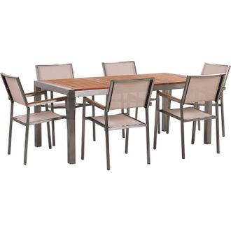 Beliani Conjunto De Comedor De Jard&iacute;n Mesa Con Tablero De Madera De Eucalipto 180 X 90 Cm Y 8 Sillas En Tela Beige Grosseto