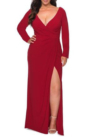 La Femme Long Sleeve Curvy Prom Dress with Ruching in Red at Nordstrom, Size 14W
