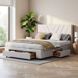 OEM Cama 140x200 Cm - 231205tt - Tejido De Lino Beige - 3 Cajones De Almacenamiento - Estructura De Madera Y Metal