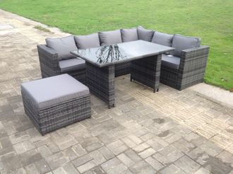 Fimous 7 Seater Rattan Corner Sofa Set Rectangular Dining Table Set With Seat & Back Cushion in Dark Grey