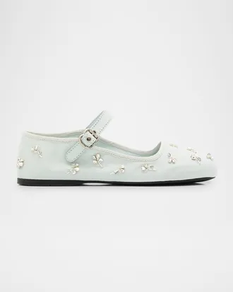 Miu Miu Embellished Canvas Mary Jane Ballerina Flats