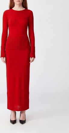 Alaia Slim Fit Long-Sleeved Sheath Dress in Red Merino Wool Knit