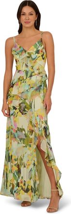 Adrianna Papell Womens Printed Strap Cascade Gown - Green - Size 6 UK