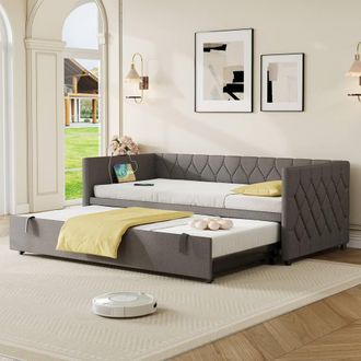 Matteo 3ft Single Upholstered Daybed Sofa Bed with Pull-Out Trundle in Grey