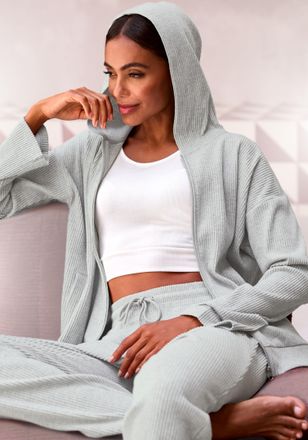 French Connection Sweatjacke FRENCH CONNECTION, Damen, Gr. 32/34, grau (hellgrau), Rippware, Obermaterial: 81% Polyester, 15% Viskose, 4% Elasthan, meliert, bequem h&uuml;ft