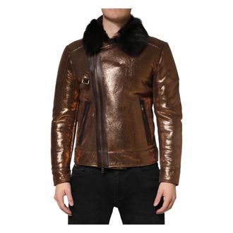 Dolce & Gabbana Leather Jackets, male, Brown, Size: 2XL Leather Fur Full Zip Biker Jacket