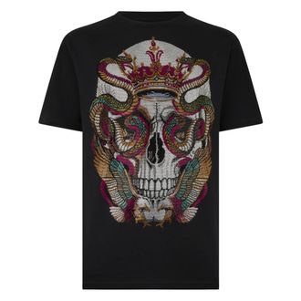 Philipp Plein Tops, Heren, Zwart, M, Katoen, T-shirt met Ronde Hals Snake King Stones