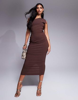 Vesper bengaline one shoulder bow detail midi dress in chocolate-Brown
