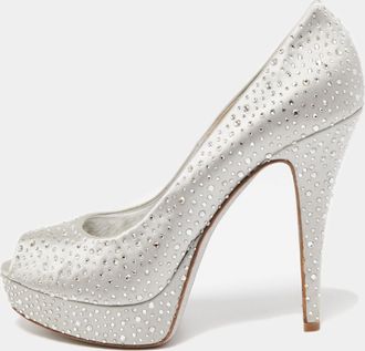 Loriblu Silver Satin Crystal Embellished Peep Toe Platform Pumps