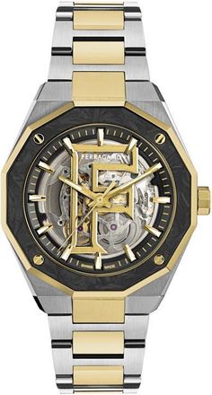 Ferragamo Edge Skeleton Automatic Bracelet Watch, 42mm in Two Tone at Nordstrom