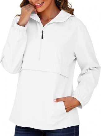 Generic Waterproof Jacket Women Womens Retro Sport Half Zip Running Jacket Showerproof | Ladies Urban Pullover Windbreaker Anorak for Walking White