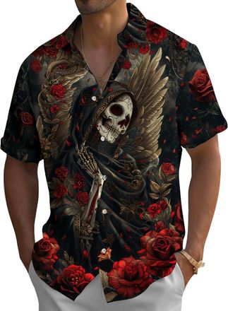 Generic Halloween Shirts for Men - Rose Horror Shirts Button Down Short Sleeve,Casual Top Day XXL Beautiful Vintage Rose Nun Skeleton