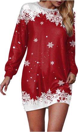 Generic Women Casual Christmas Dresses Snowflake Print Round Neck Long Sleeve Evening Elegant Cocktail Dress Xmas Costume Swing Skater Mini Novelty Outfits Dr