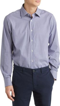 David Donahue Gingham Trim Fit Barrel Cuff Dress Shirt in Navy at Nordstrom Rack, Size 14.5 - 32/33