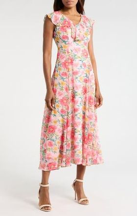 Wayf Ruffle Godet Midi Dress in Pink/Red Poppies at Nordstrom Rack, Size X-Small