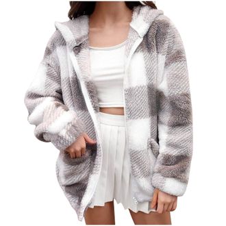 Generic Jackets for Women Winter Fleece Jackets Women Comfortable Plus Size Tartan Coats Soft Plush Fluffy Hoodies Casual Zipper Cropped Pockets Jacket Loose 