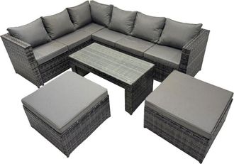 Fimous 5 Pieces Outdoor pe Rattan Garden Furniture Corner Sofa Oblong Coffee Table Set with Cushions 2 Big Footstools Dark Grey Mixed - Fimous