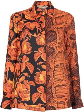 Roberto Cavalli Rose And Python Print Silk Shirt, Brand Size 42 ( US Size 8 )