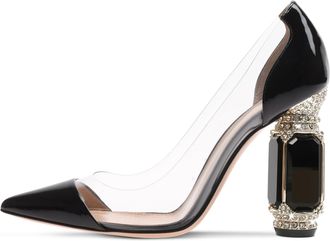 EDEFS Clear Panel High Heel Shoes for Women Pointed Toe Court Shoes with Embellished Chunky Heel 4 Inch Statement Party Heels Black UK2