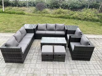 Fimous Outdoor Rattan Garden Furniture Lounge Sofa Set With Oblong Rectagular Coffee Table in Dark Grey