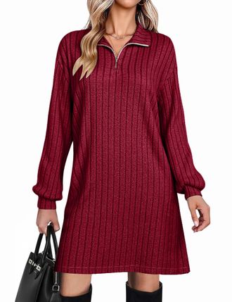 Fengbay Jumper Dress for Women UK Ladies Casual Long Sleeve Ribbed Knitted Lightweight Sweater Dresses for Autumn Winter Wine Red