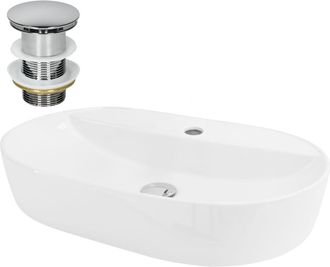 ML Design Lavabo ovalado blanco cer&aacute;mico con desag&uuml;e cromado